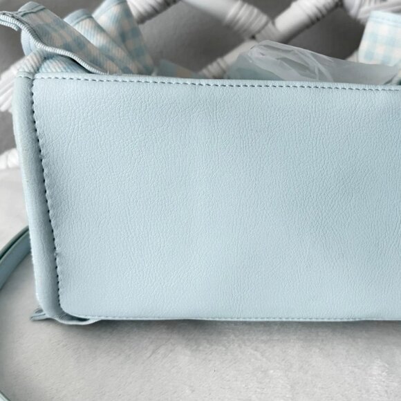 Betsey Johnson Luv Betsey Light Blue Gingham Ruffle Shoulder Bag Heart Sharm NWT - Picture 9 of 16